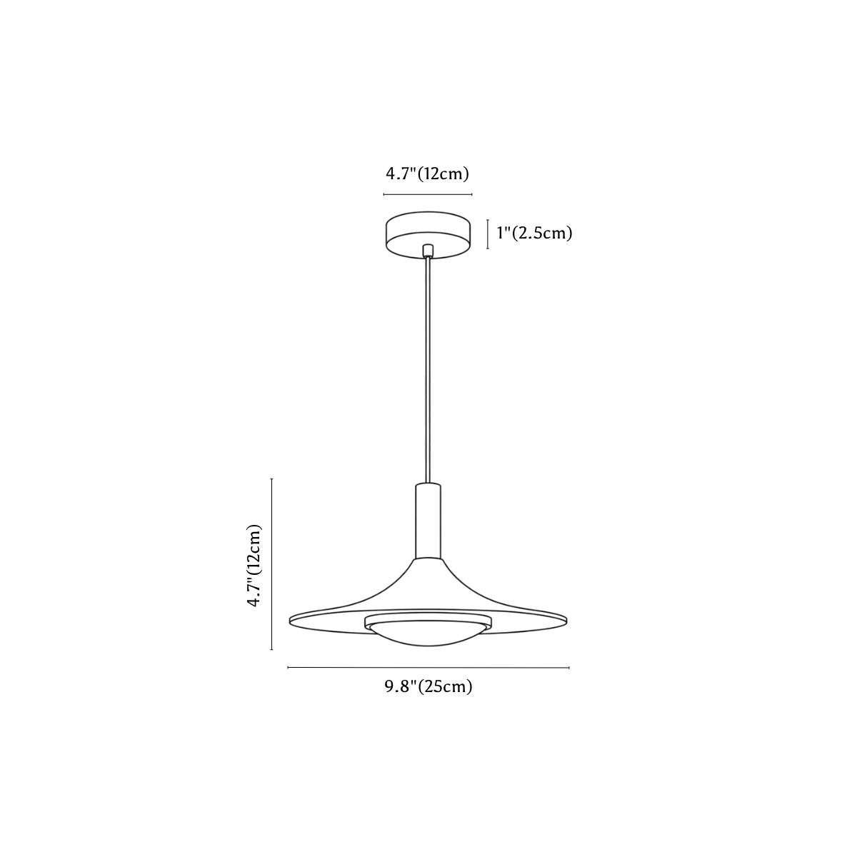 Clérachic pendant light dimension drawing, 1 of 2, every measurement marked in centimetres and inches.