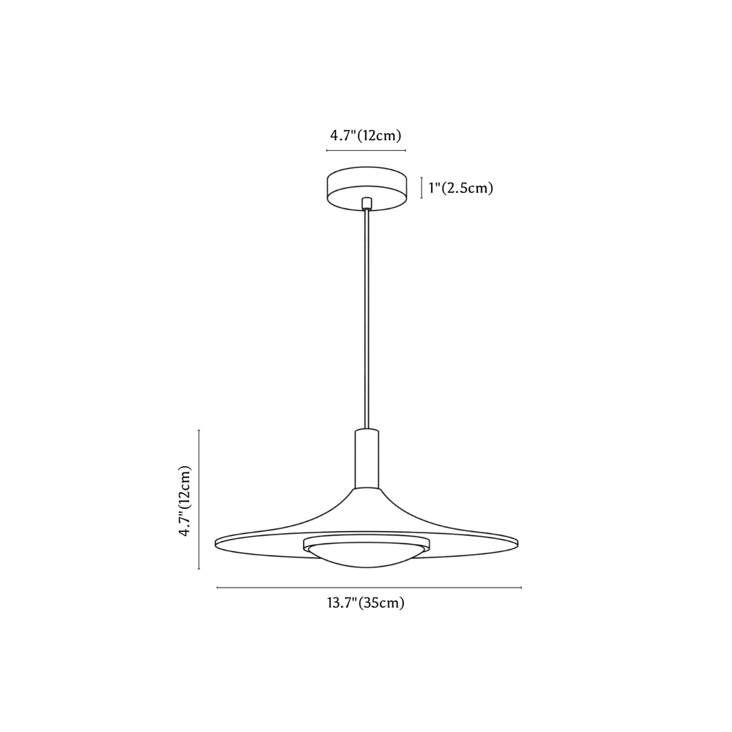 Clérachic pendant light dimension drawing, 2, every measurement marked in centimetres and inches.