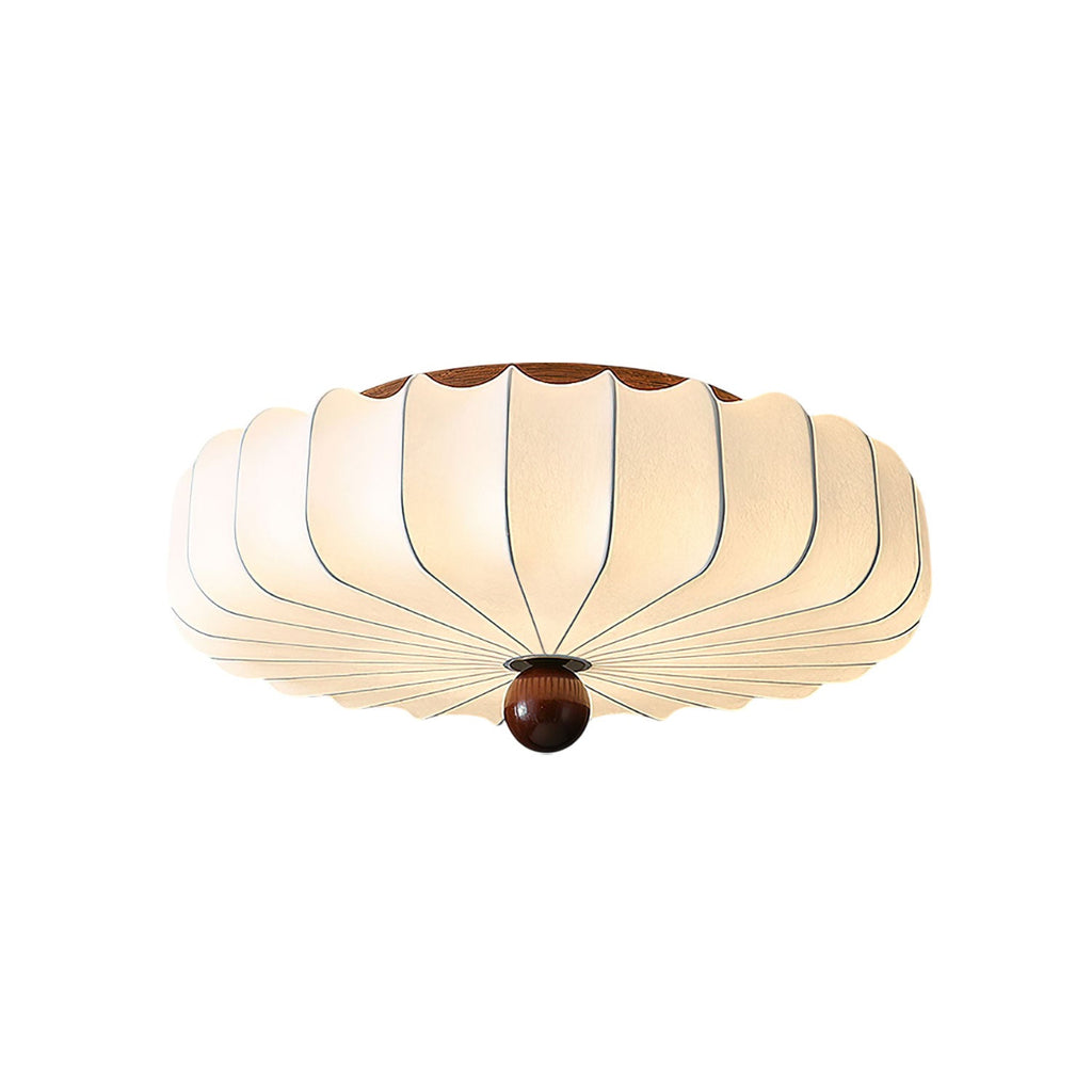 Clérachic flush-mount ceiling light shown cut out on white, with ribs running from the wooden ball finial to the scalloped edge.