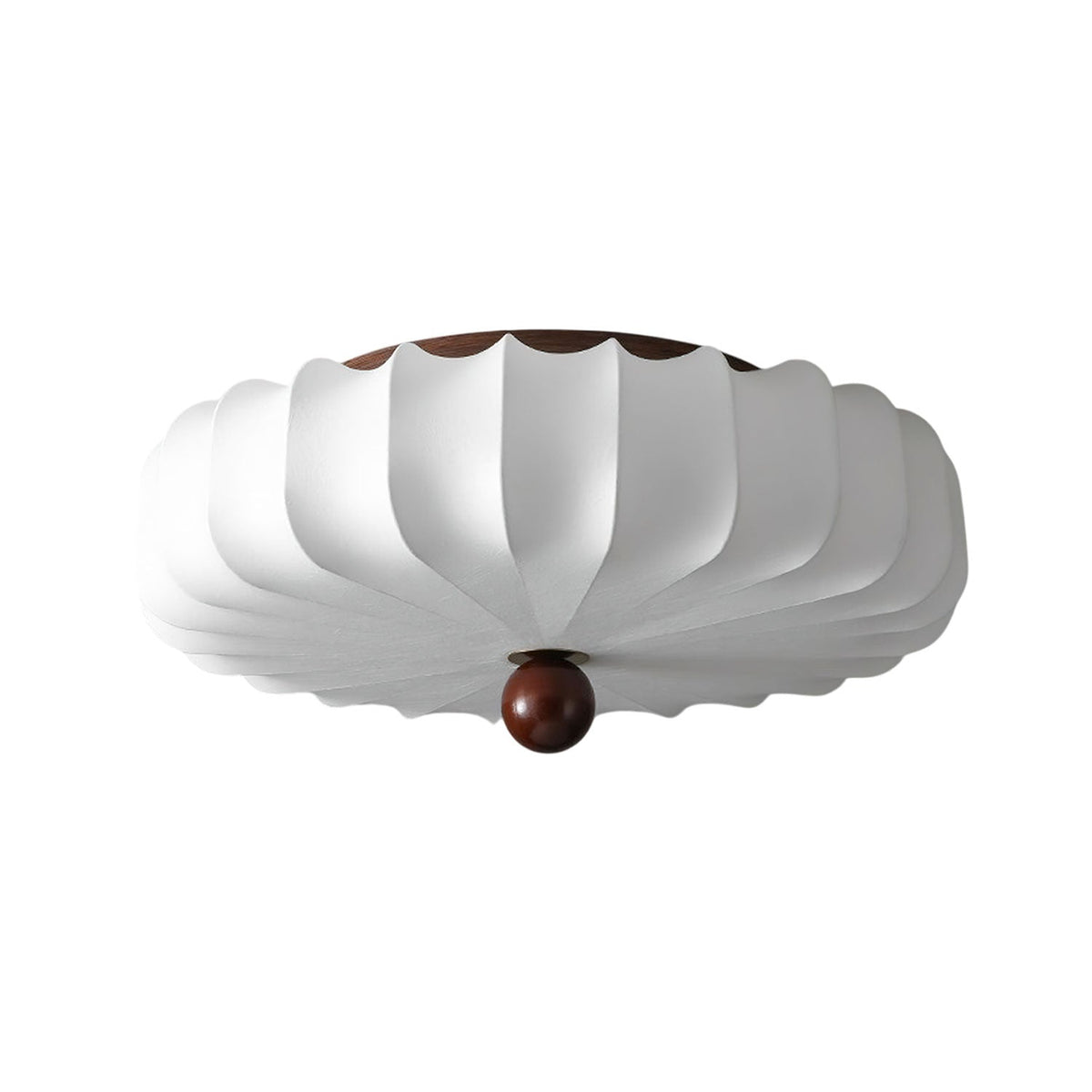 Side-on view of this Clérachic ceiling light on white, showing the shallow stacked shade and the wooden ball at its centre.