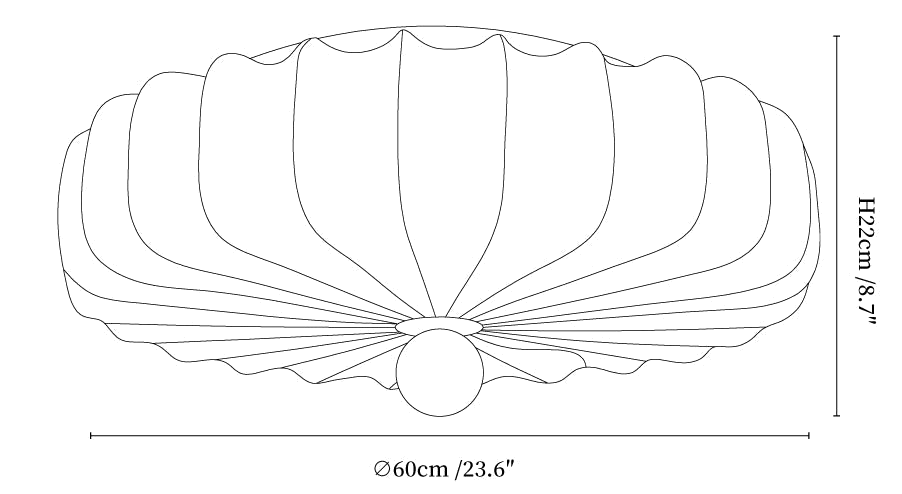 Clérachic ceiling light dimension drawing, 3 of 3, every measurement marked in centimetres and inches.