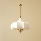 Clérachic flower-shaped pendant light in plain white fabric, shown full length from the domed ceiling canopy down the rod to the walnut collar.