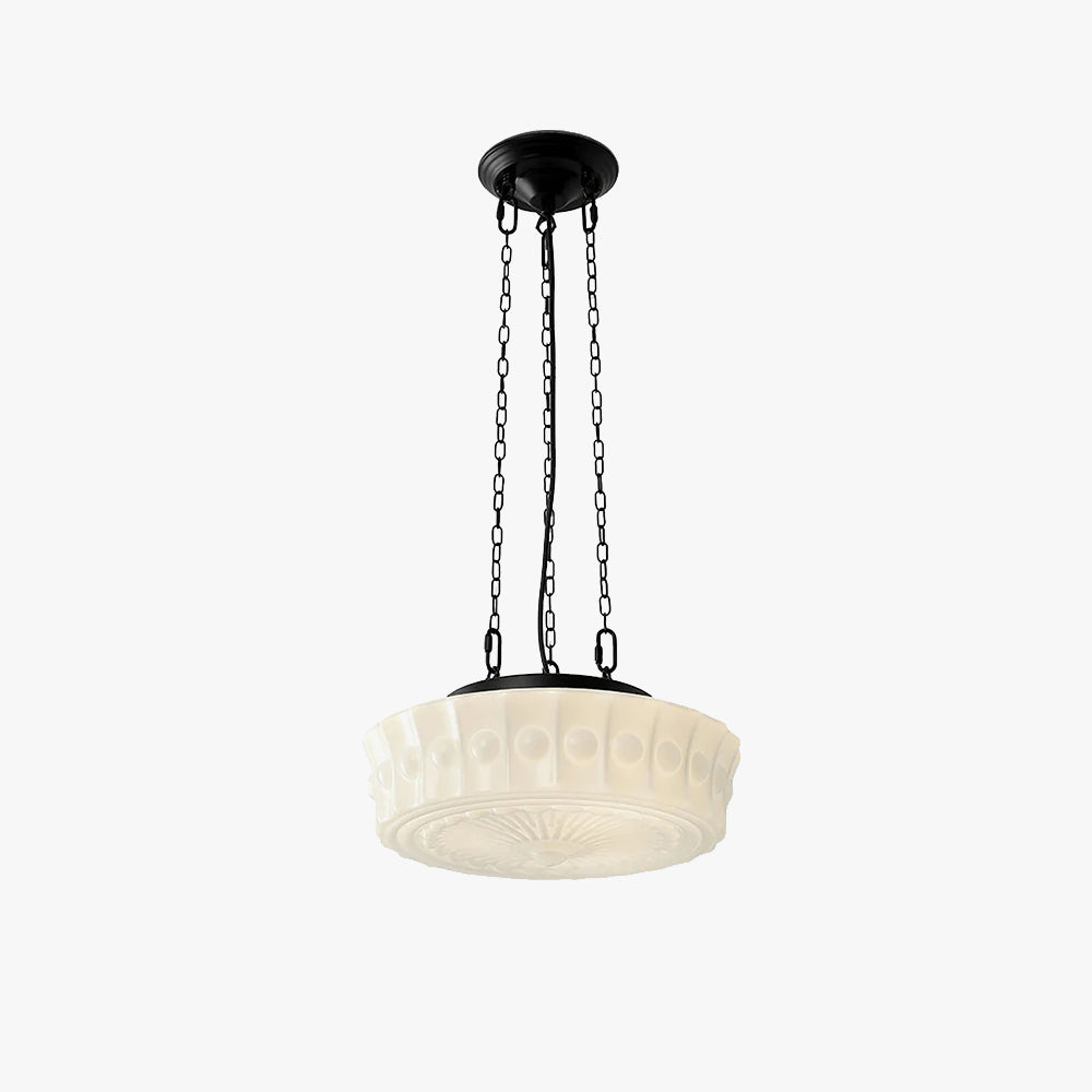 Studio view of the white Clérachic scalloped glass dome pendant light, three chains and a central cord from a black canopy