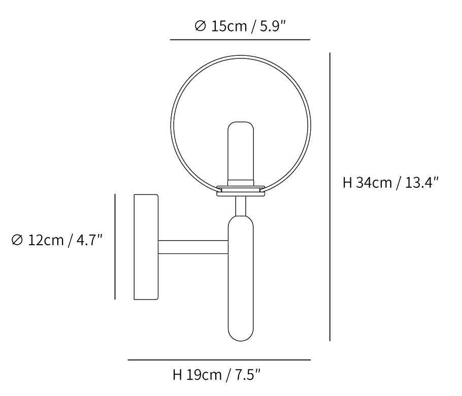 Dimension drawing of the scandiluxe wall light, in outline against white.