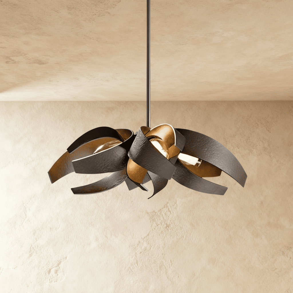The Clérachic sculptural chandelier in black and gold, its curved steel ribbons wrapped around exposed bulbs.