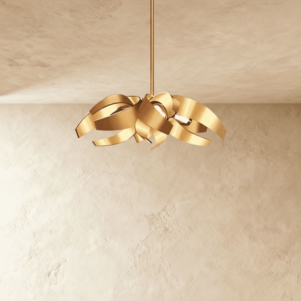 The Clérachic sculptural chandelier in gold, its curved steel ribbons gathered into a dense cluster, unlit.