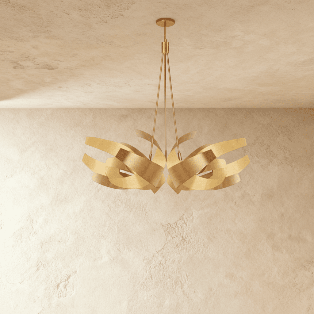 The Clérachic sculptural chandelier in gold, its steel ribbons spread into a double cluster on cables and a canopy.