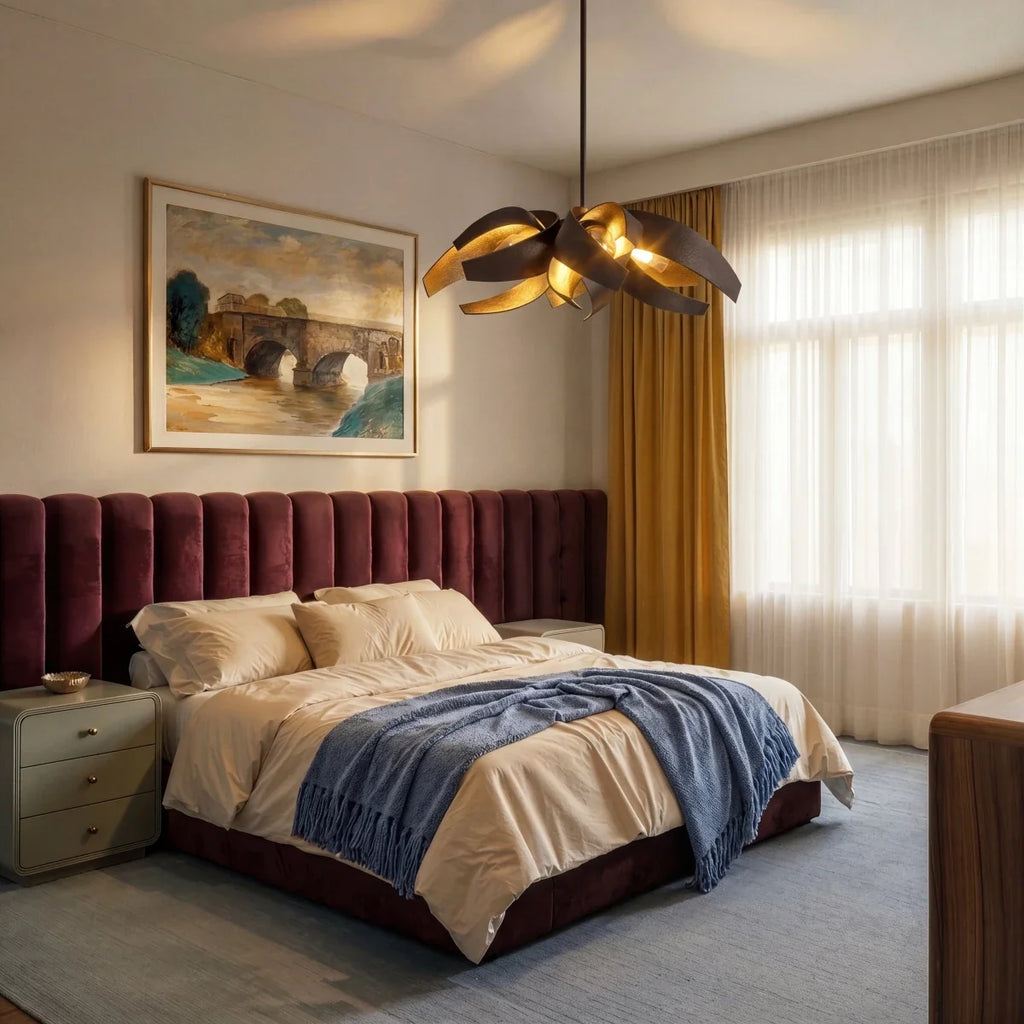 The Clérachic black and gold sculptural chandelier lit above a bed with a maroon velvet headboard and gold curtains.