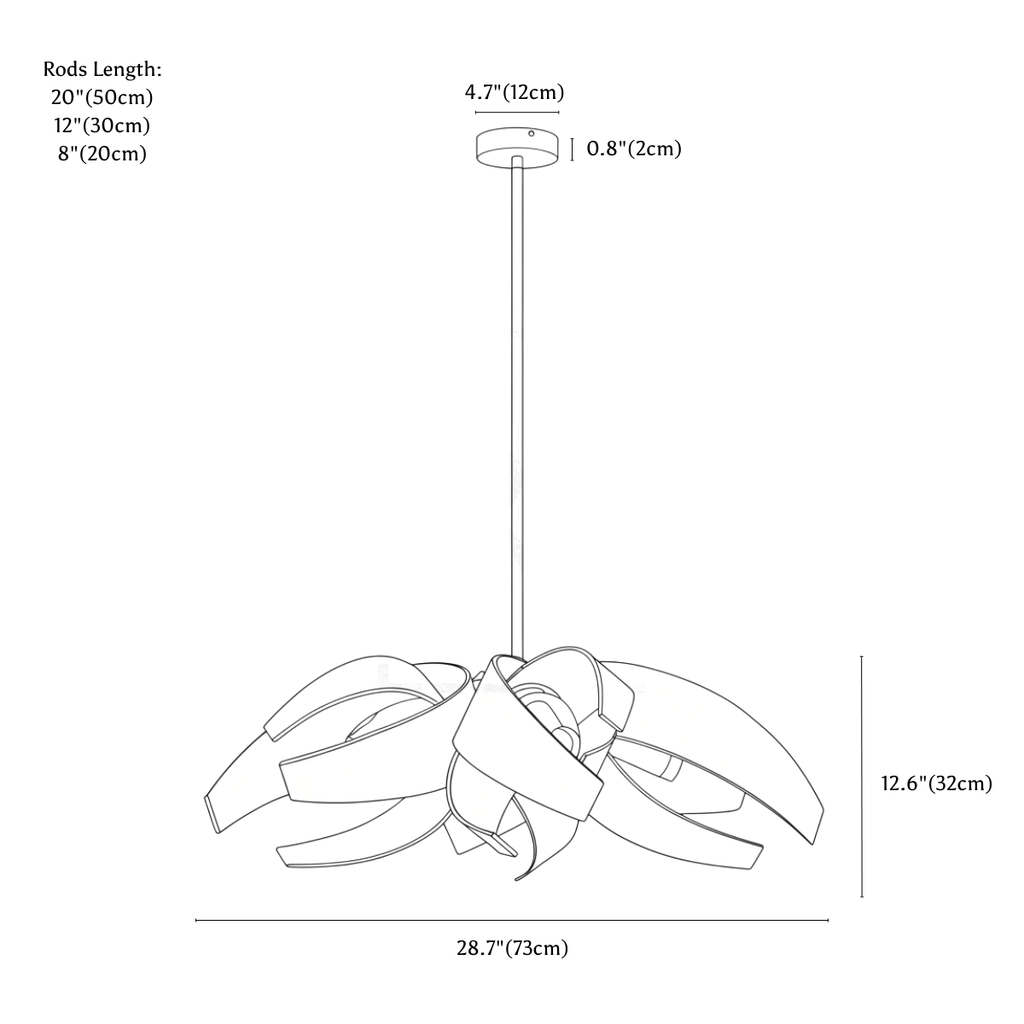 Clérachic chandelier dimension drawing, A, every measurement marked in centimetres and inches.