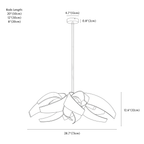 Clérachic chandelier dimension drawing, A, every measurement marked in centimetres and inches.
