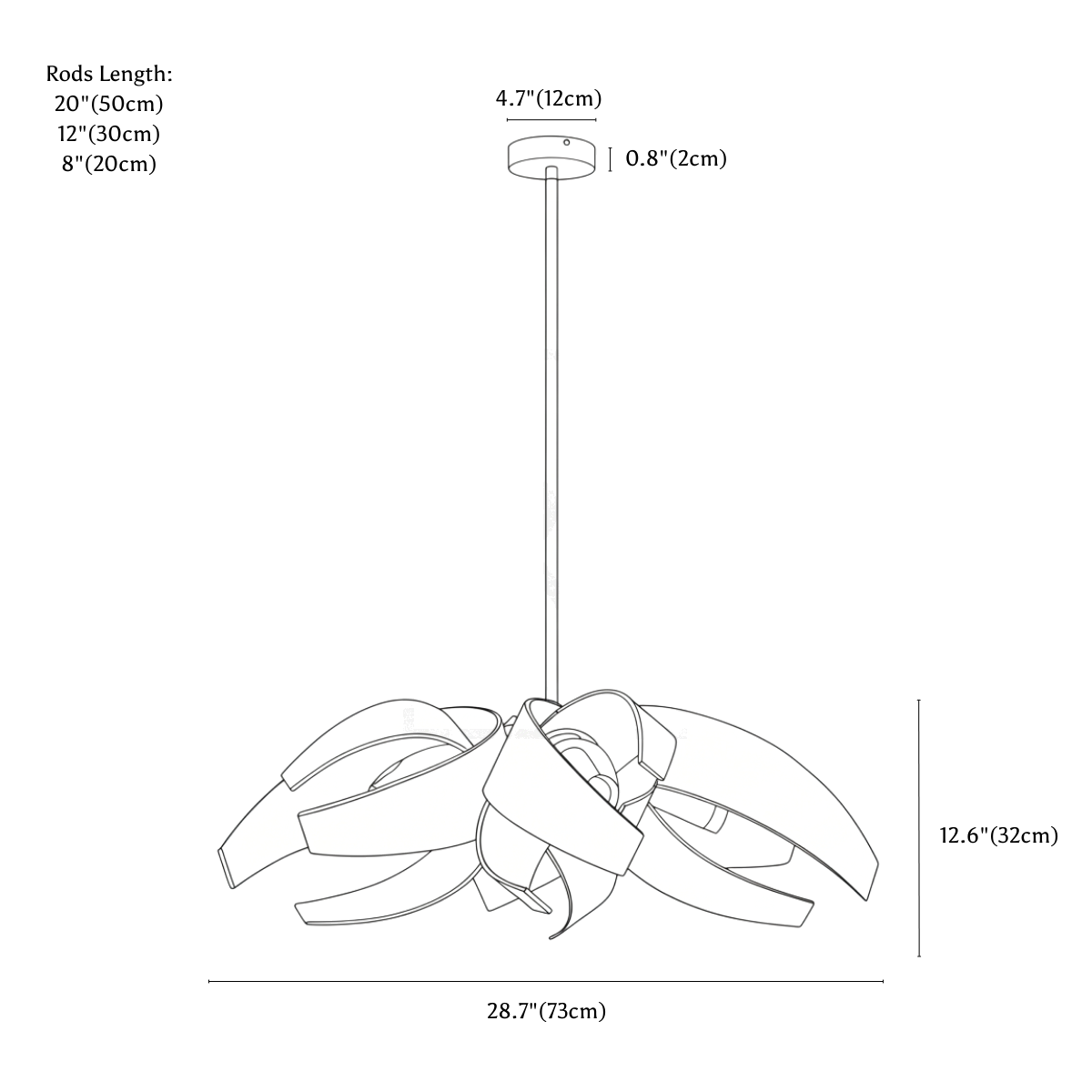Clérachic chandelier dimension drawing, A, every measurement marked in centimetres and inches.