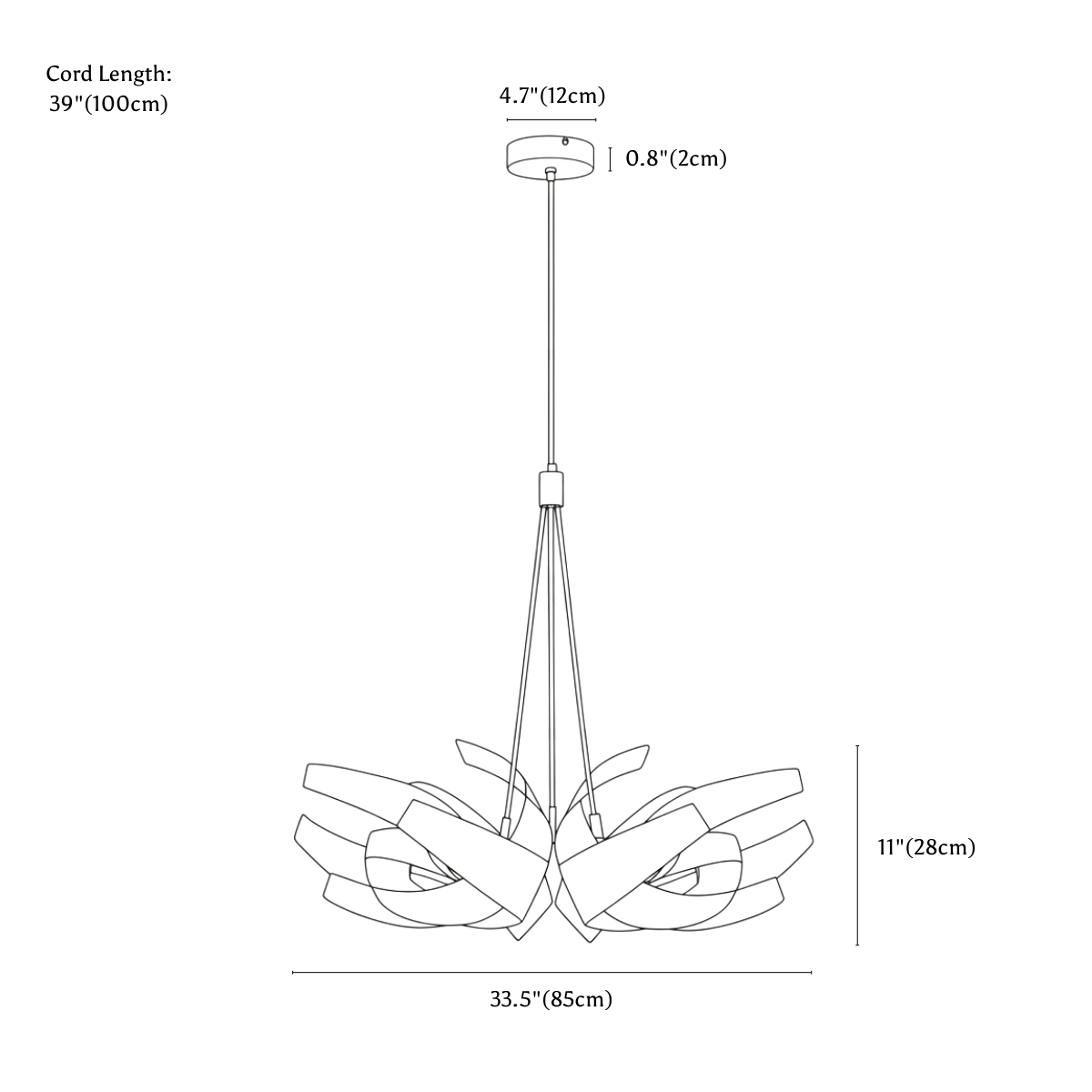Clérachic chandelier dimension drawing, B, every measurement marked in centimetres and inches.