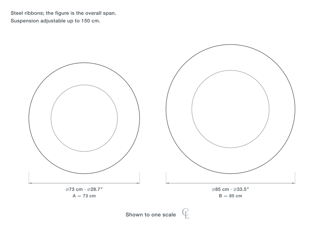 Technical dimension drawing of the Clérachic Sculptural Chandelier for Dining Table, Steel, 73 to 85 cm in all 2 sizes — A at 73 cm (28.7″) across, B at 85 cm (33.5″) across, drawn to one scale.