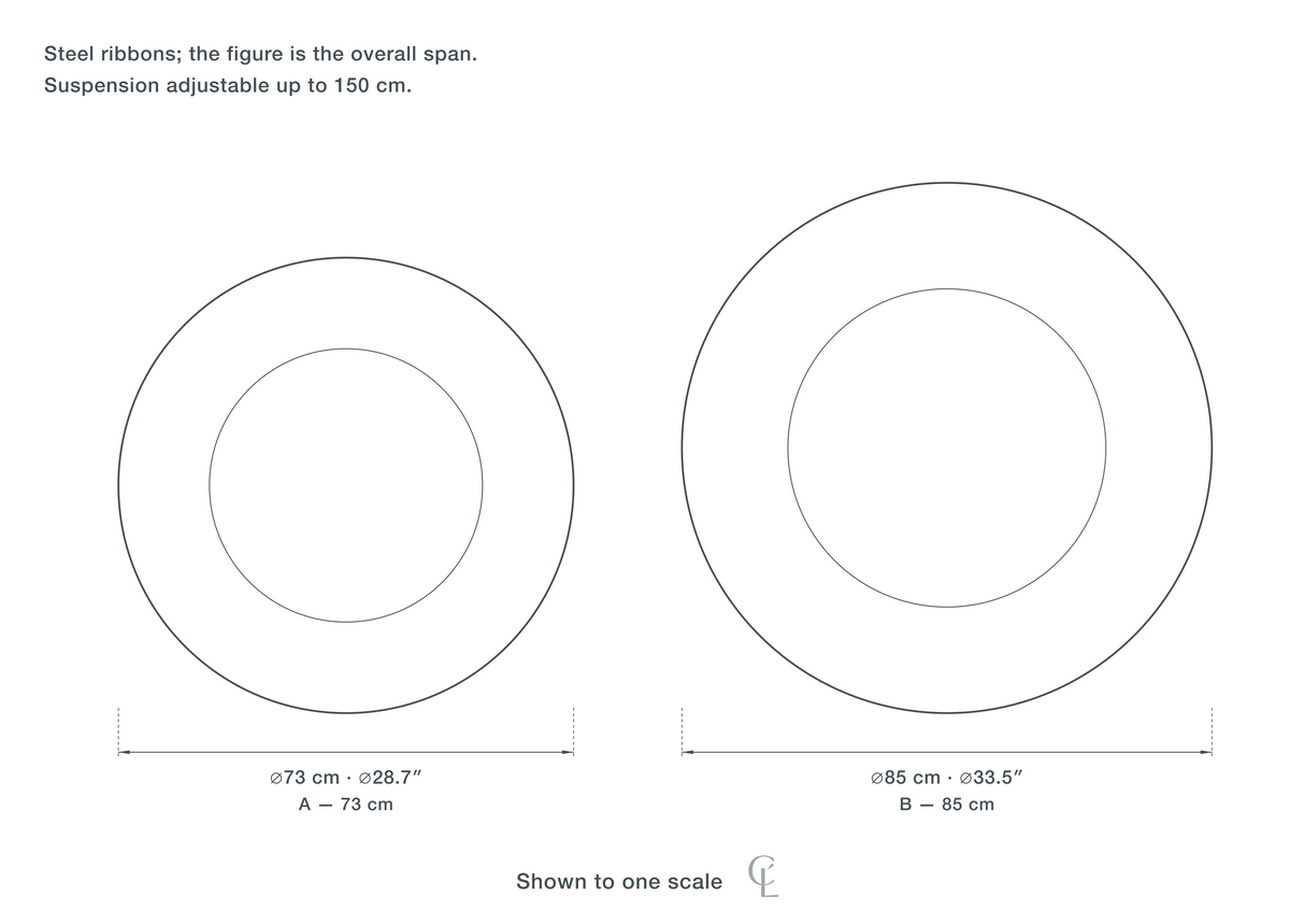 Technical dimension drawing of the Clérachic Sculptural Chandelier for Dining Table, Steel, 73 to 85 cm in all 2 sizes — A at 73 cm (28.7″) across, B at 85 cm (33.5″) across, drawn to one scale.