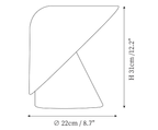 Clérachic table lamp dimension drawing, every measurement marked in centimetres and inches.