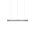Short clear glass linear chandelier from Clérachic on three thin cables, shown unlit on a white backdrop.