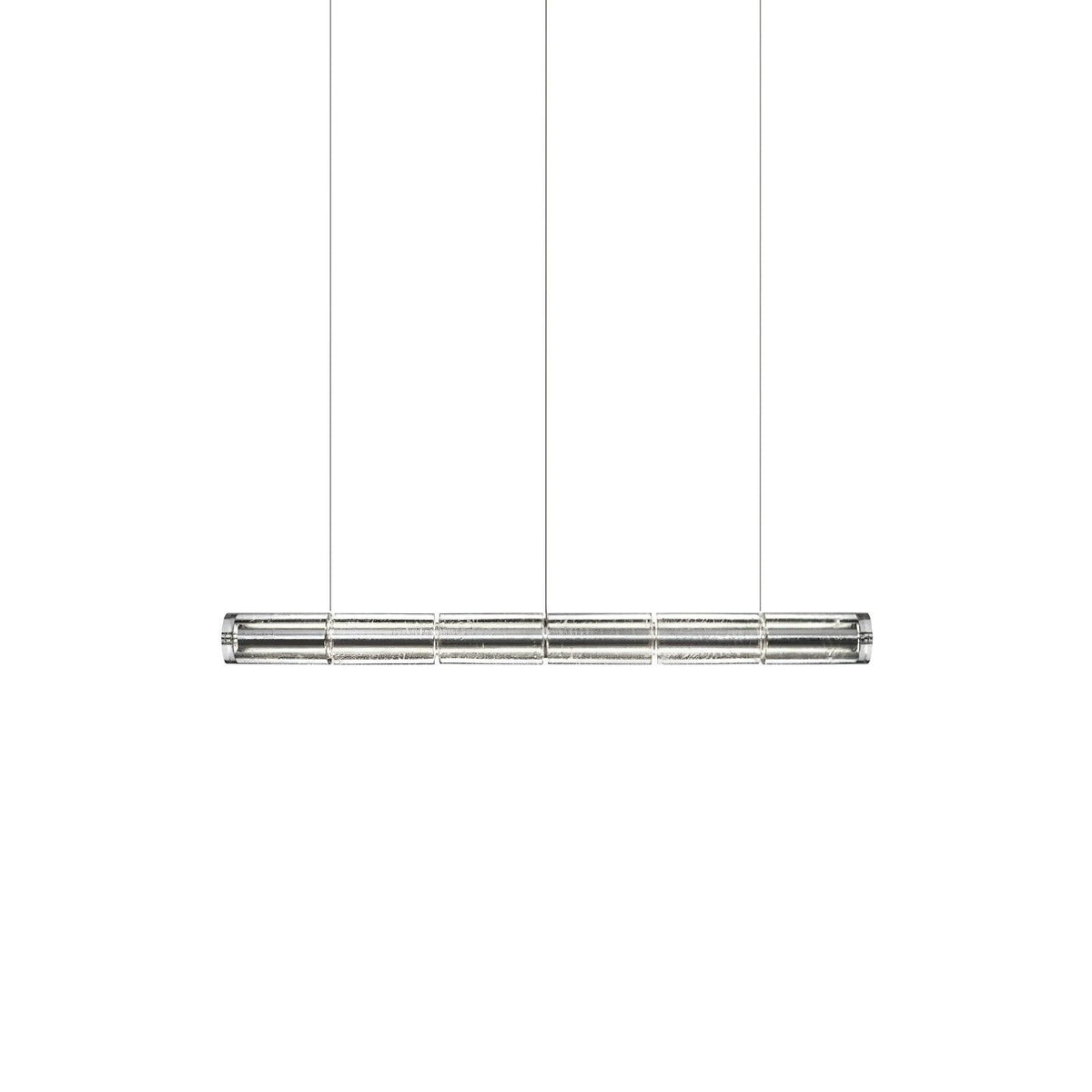 Short clear glass linear chandelier from Clérachic on three thin cables, shown unlit on a white backdrop.