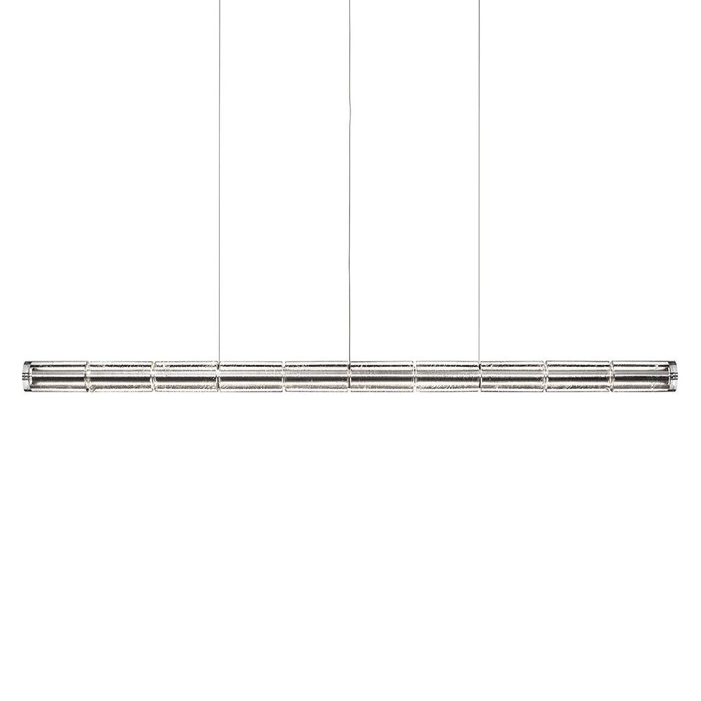 Chrome-ended segmented glass chandelier from Clérachic hung on three thin cables, photographed on plain white.