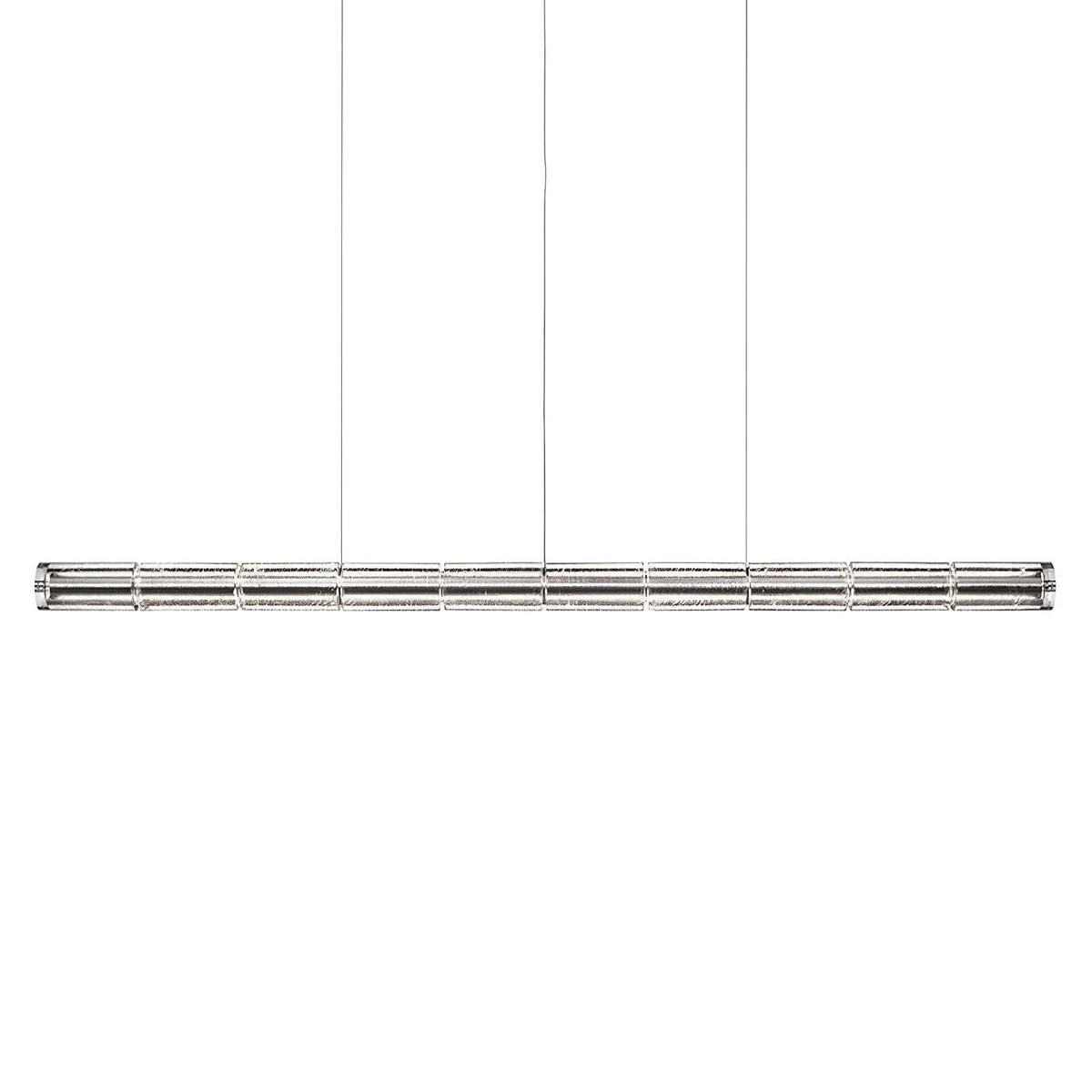 Chrome-ended segmented glass chandelier from Clérachic hung on three thin cables, photographed on plain white.