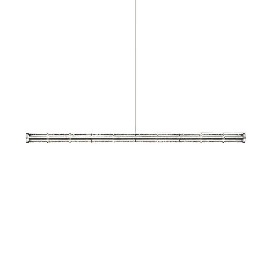 Product shot of a Clérachic linear chandelier with six glass sections hung on three fine cables, on a white backdrop.