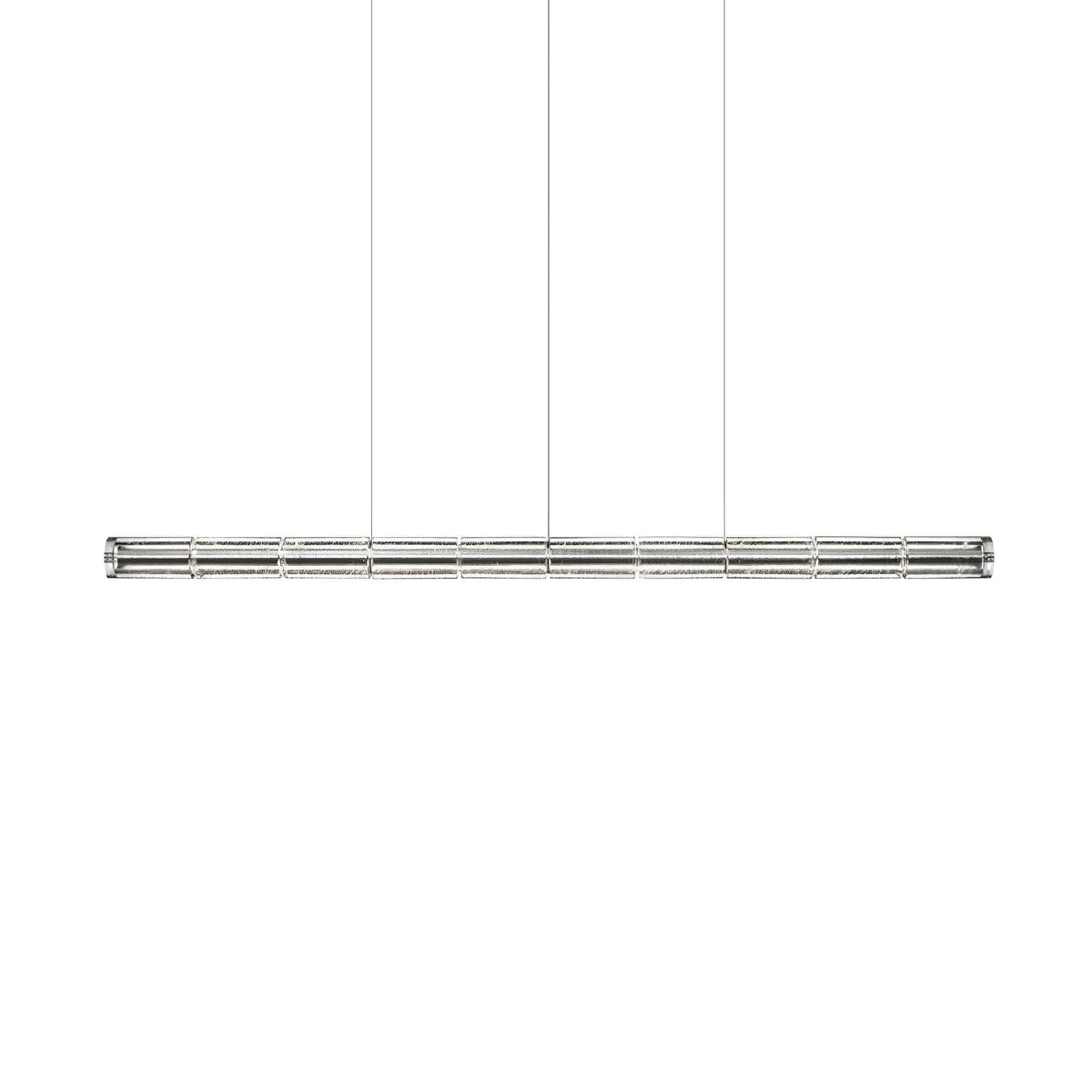 Product shot of a Clérachic linear chandelier with six glass sections hung on three fine cables, on a white backdrop.