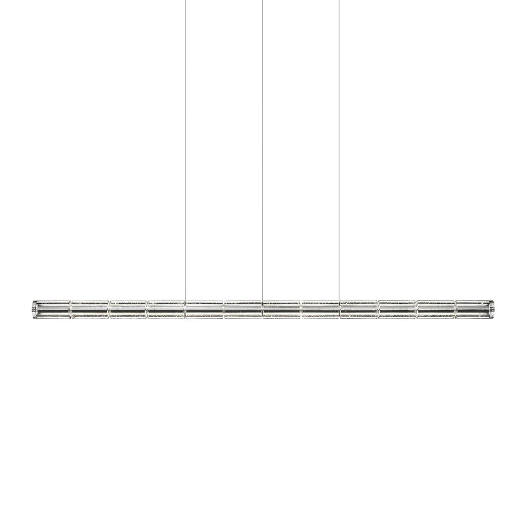 Eight-section clear glass linear chandelier from Clérachic with chrome caps, shown on three cables on white.