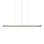 Eight-section clear glass linear chandelier from Clérachic with chrome caps, shown on three cables on white.