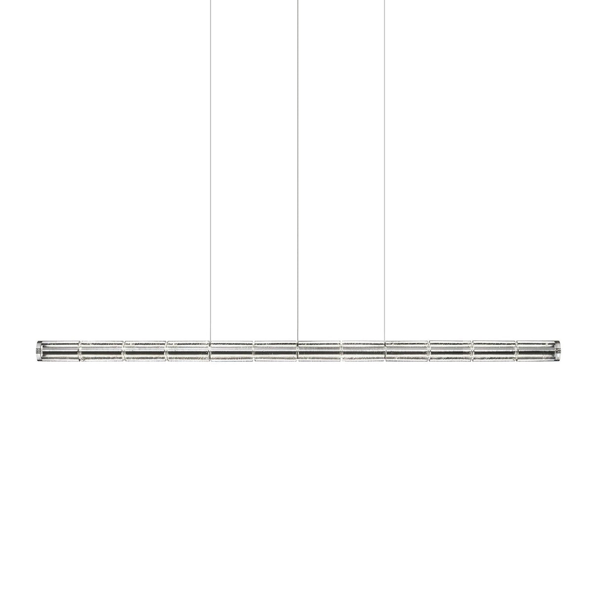 Eight-section clear glass linear chandelier from Clérachic with chrome caps, shown on three cables on white.