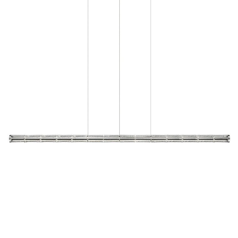 Longest segmented glass chandelier from Clérachic with a chrome body, hanging from three cables on a plain white backdrop.