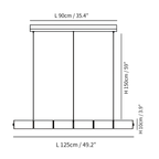 Dimension drawing of this Clérachic chandelier, with its length, drop height and body height marked.