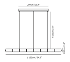 Dimension drawing of this longer Clérachic chandelier, with its length, drop height and body height marked.