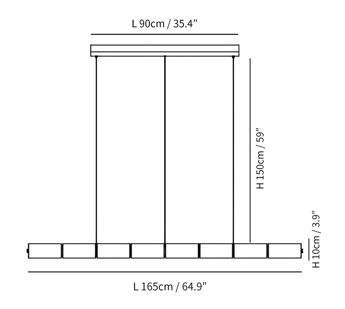 Dimension drawing of this longer Clérachic chandelier, with its length, drop height and body height marked.