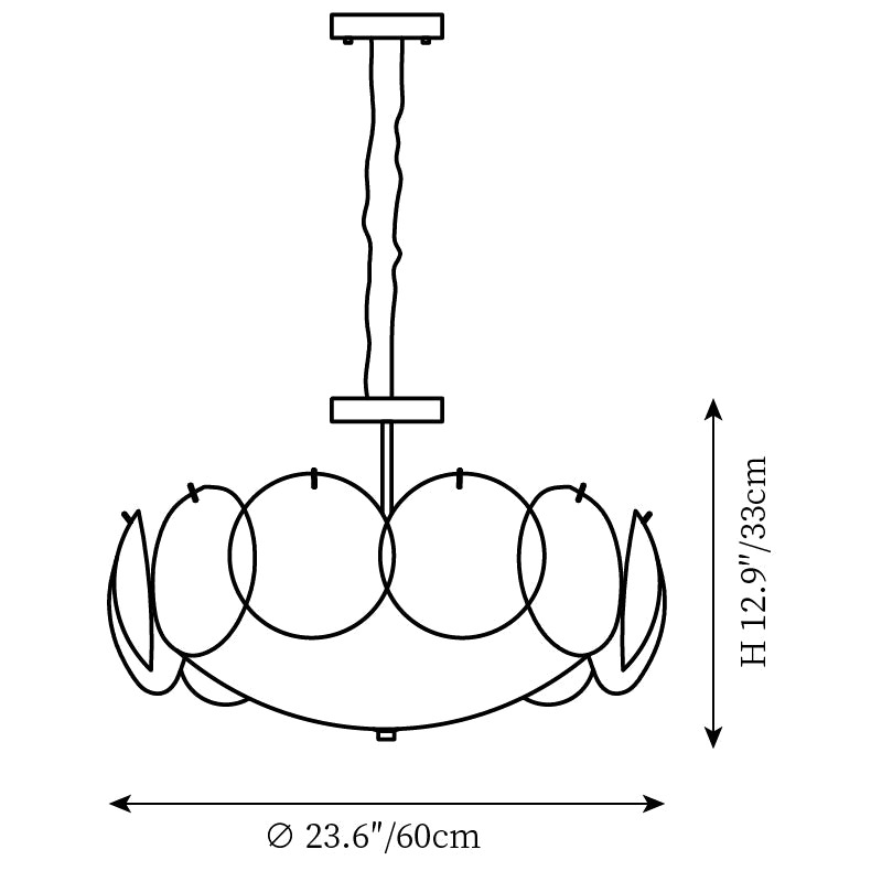 Dimension drawing of this Clérachic chandelier, with its 33 cm height and 60 cm diameter marked.