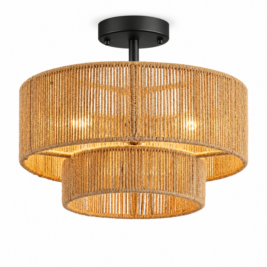 This Clérachic light shown in black hardware, its two-tier hemp rope drum glowing warm against a plain backdrop.