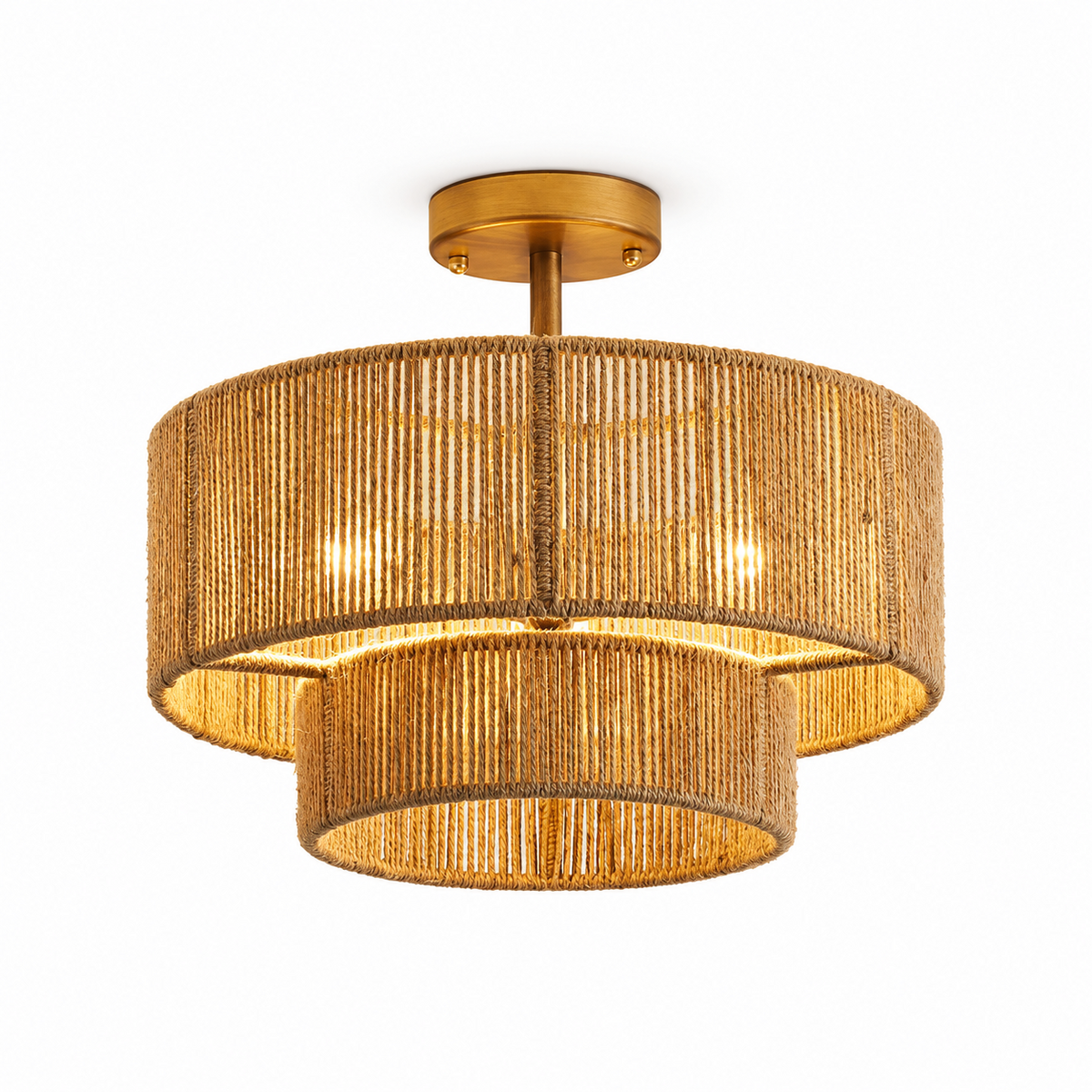 Straight-on product view of this Clérachic light's gold hardware and open hemp rope weave, bulbs glowing within.
