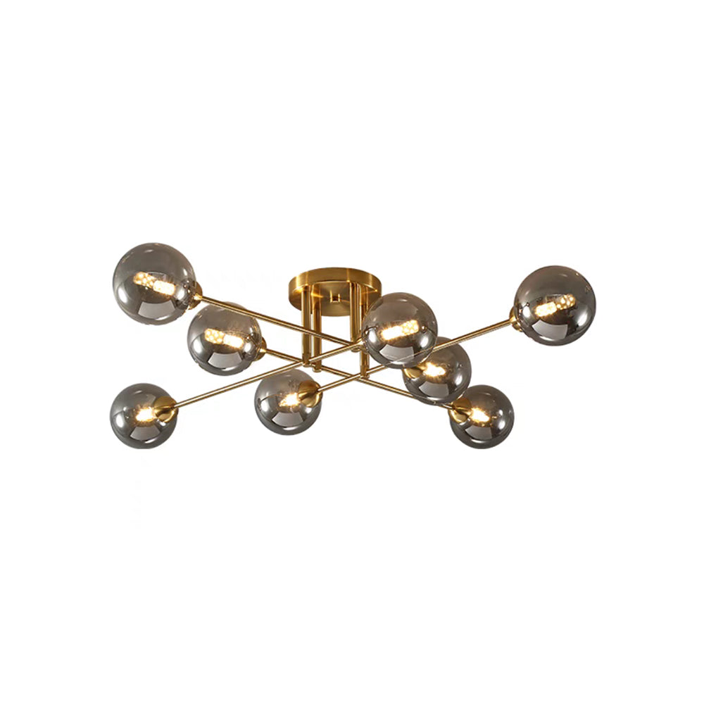 Eight grey smoked globes on the all-gold Clérachic sputnik chandelier, shown on a white background with every arm visible.
