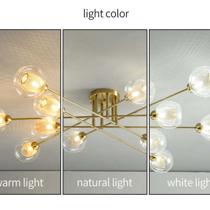 Light colour comparison for the Clérachic sputnik chandelier, the same fixture shown in warm light, natural light and white light.