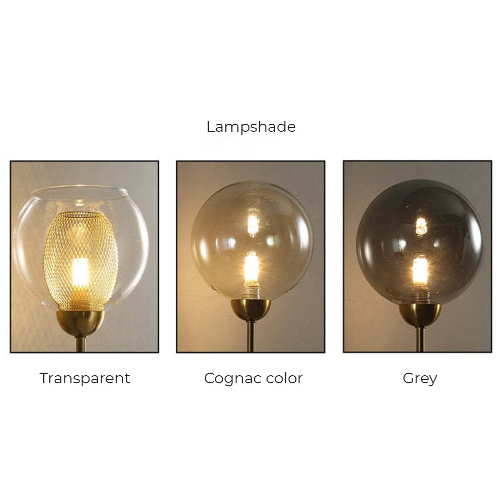 The three glass options for the Clérachic sputnik chandelier side by side — transparent with gold mesh, cognac and grey.