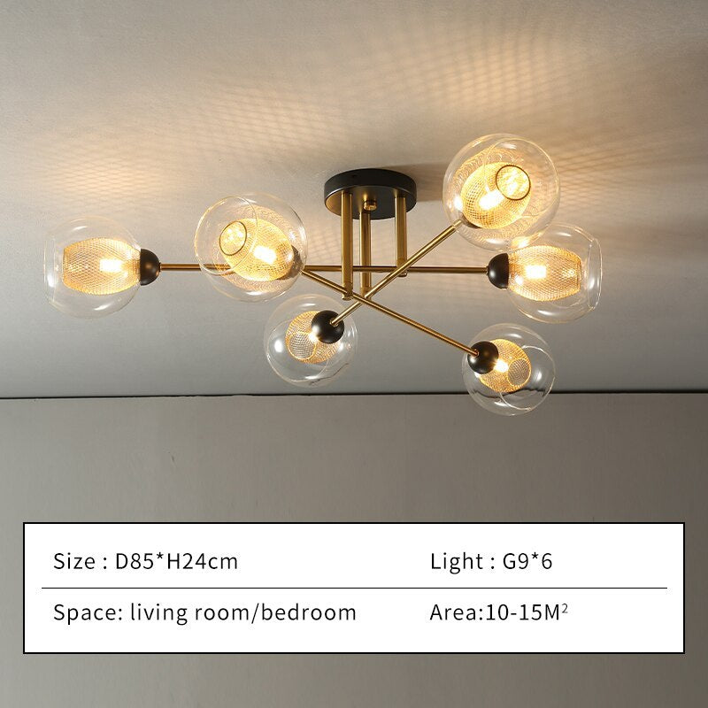 Size card for the Clérachic sputnik chandelier in six transparent globes: D85 × H24 cm, six G9 lamps, for a 10–15 m² room.