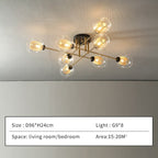Size card for the eight-light Clérachic sputnik chandelier with transparent globes: D96 × H24 cm, eight G9 lamps, 15–20 m².