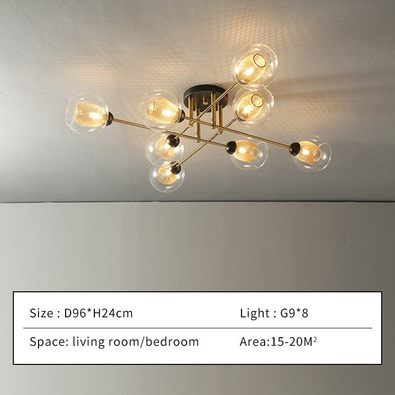 Size card for the eight-light Clérachic sputnik chandelier with transparent globes: D96 × H24 cm, eight G9 lamps, 15–20 m².