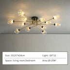 Size card for the twelve-light Clérachic sputnik chandelier in transparent glass: D125 × H24 cm, twelve G9 lamps, 20–25 m².