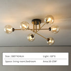 Size card for the Clérachic sputnik chandelier in six cognac globes: D85 × H24 cm, six G9 lamps, suited to a 10–15 m² room.