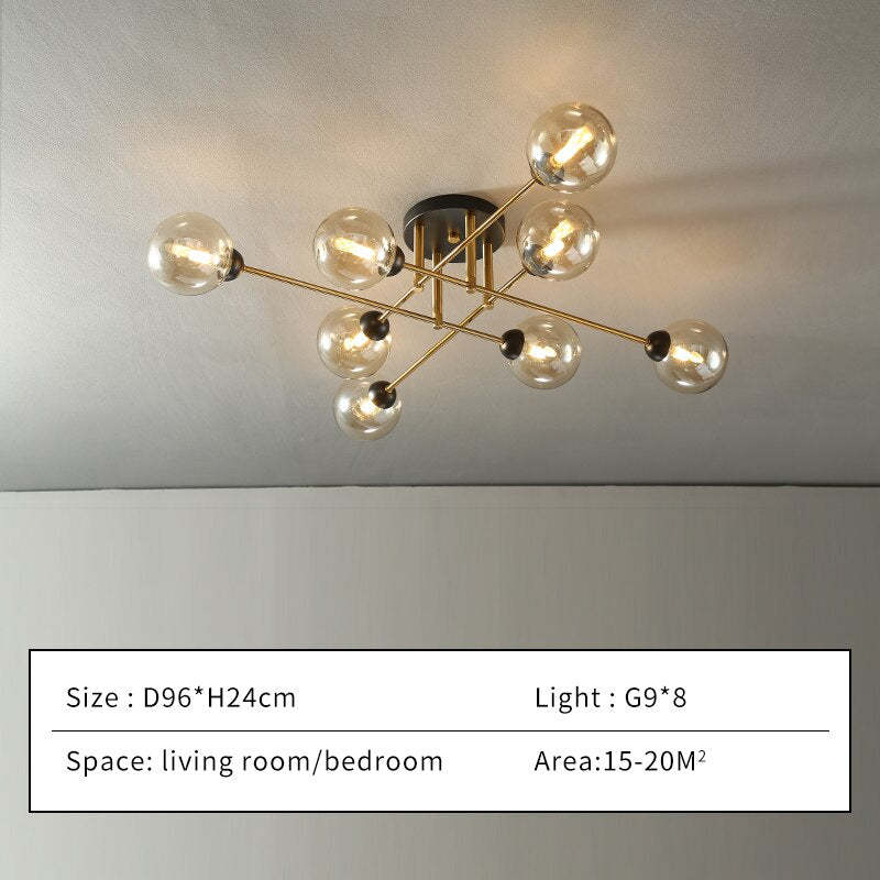 Size card for the eight-light cognac Clérachic sputnik chandelier: D96 × H24 cm, eight G9 lamps, for a 15–20 m² room.