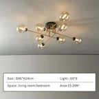 Size card for the eight-light cognac Clérachic sputnik chandelier: D96 × H24 cm, eight G9 lamps, for a 15–20 m² room.