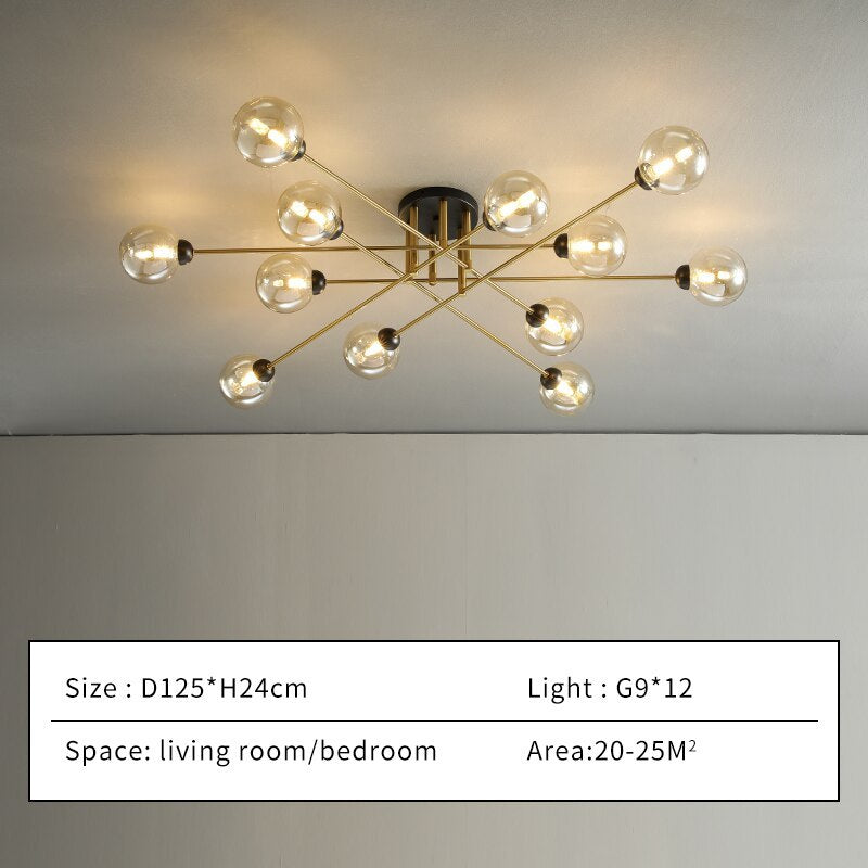 Size card for the twelve-light cognac Clérachic sputnik chandelier: D125 × H24 cm, twelve G9 lamps, for a 20–25 m² room.