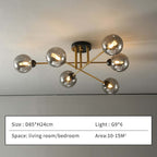 Size card for the Clérachic sputnik chandelier in six grey smoked globes: D85 × H24 cm, six G9 lamps, for a 10–15 m² room.