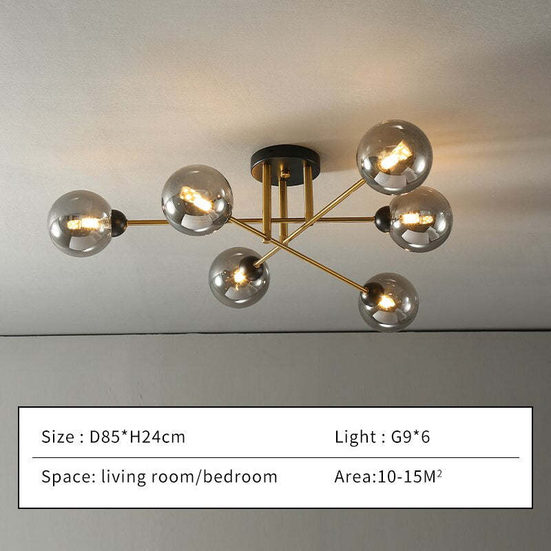 Size card for the Clérachic sputnik chandelier in six grey smoked globes: D85 × H24 cm, six G9 lamps, for a 10–15 m² room.