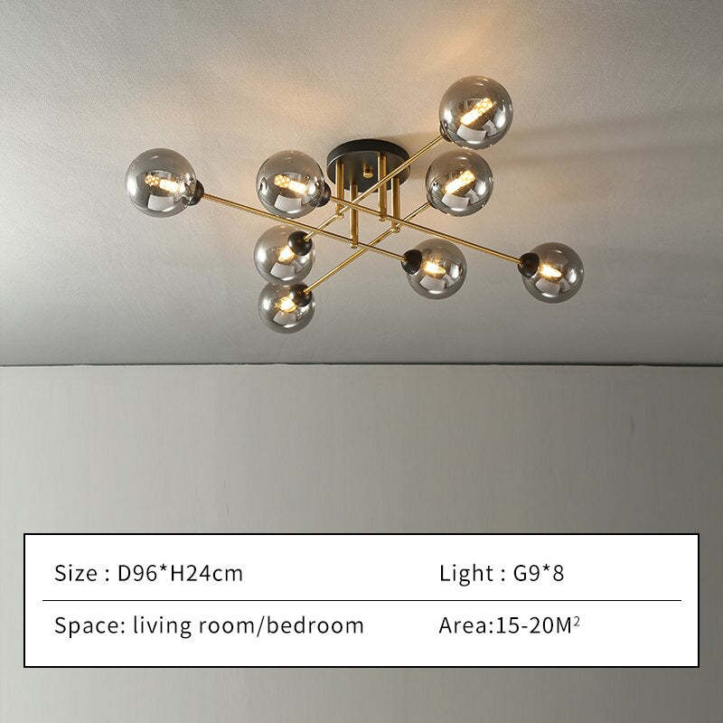 Size card for the eight-light Clérachic sputnik chandelier in grey smoked glass: D96 × H24 cm, eight G9 lamps, 15–20 m².