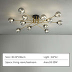 Size card for the twelve-light grey smoked Clérachic sputnik chandelier: D125 × H24 cm, twelve G9 lamps, for 20–25 m².